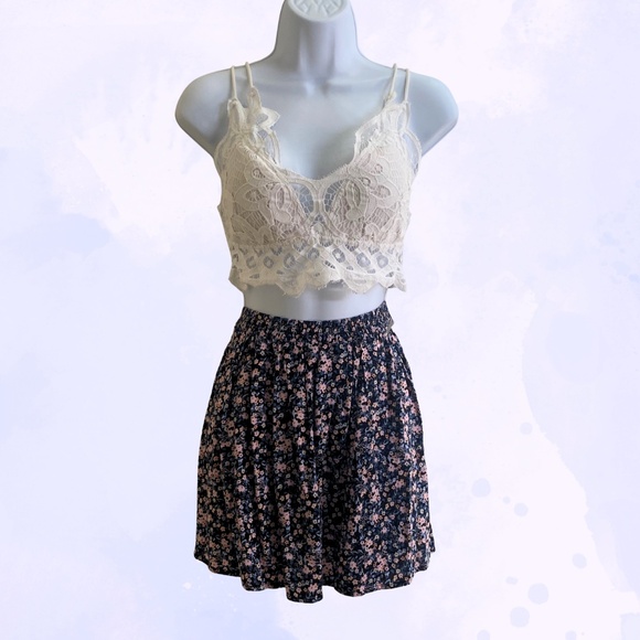 Dark Blue Mini Skirt with Pink Floral Design - Picture 1 of 2